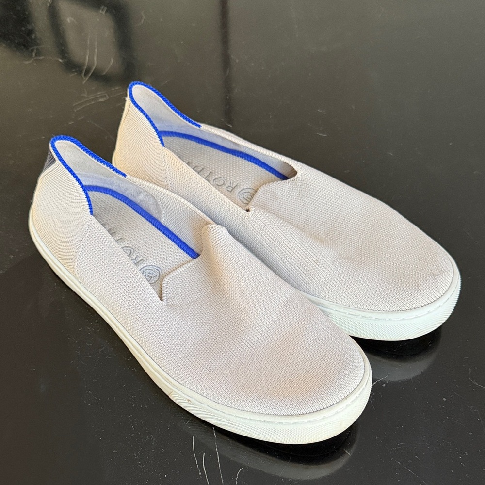 Rothy's Light Tan Slip-On Shoes with Blue Trim